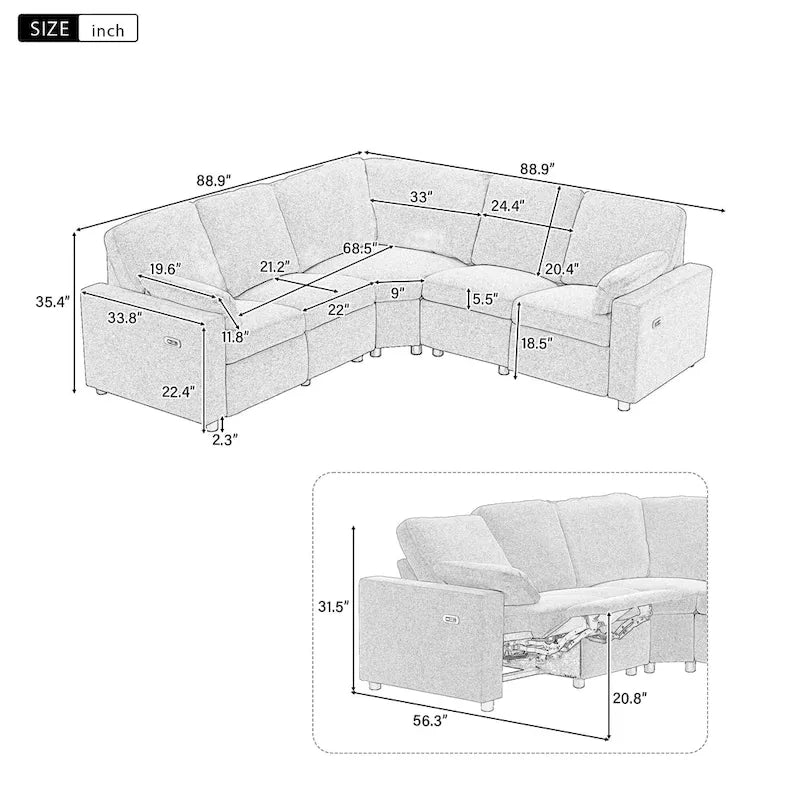 Canapé inclinable sectionnel 89 places avec home cinéma et deux ports USB, deux tiroirs de rangement pour le salon, beige