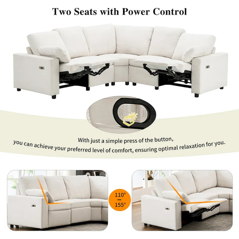 Canapé inclinable sectionnel 89 places avec home cinéma et deux ports USB, deux tiroirs de rangement pour le salon, beige