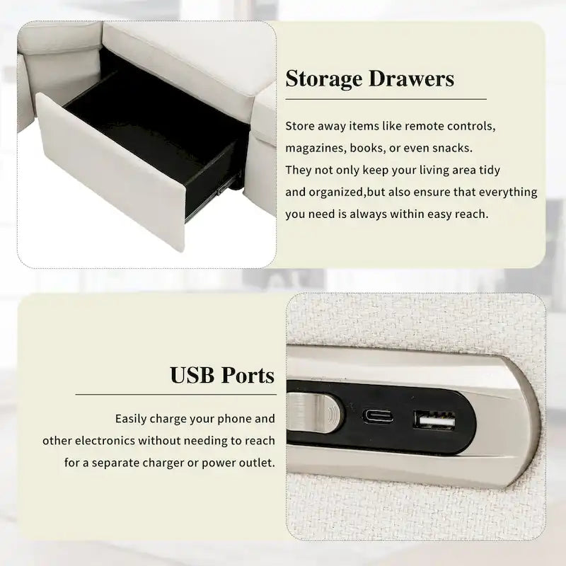 Canapé inclinable sectionnel 89 places avec home cinéma et deux ports USB, deux tiroirs de rangement pour le salon, beige