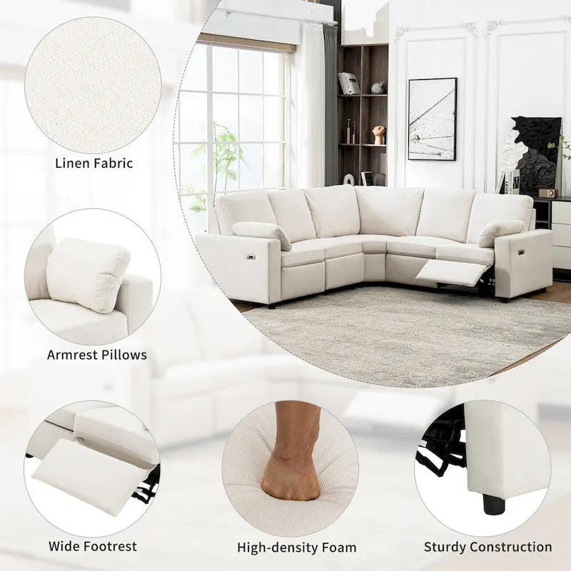 Canapé inclinable sectionnel 89 places avec home cinéma et deux ports USB, deux tiroirs de rangement pour le salon, beige
