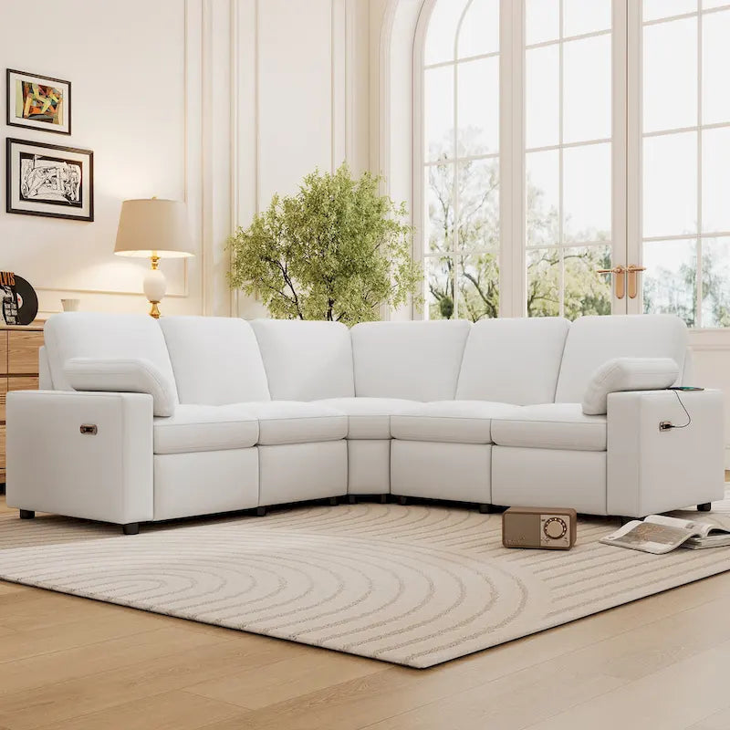 Canapé inclinable sectionnel 89 places avec home cinéma et deux ports USB, deux tiroirs de rangement pour le salon, beige