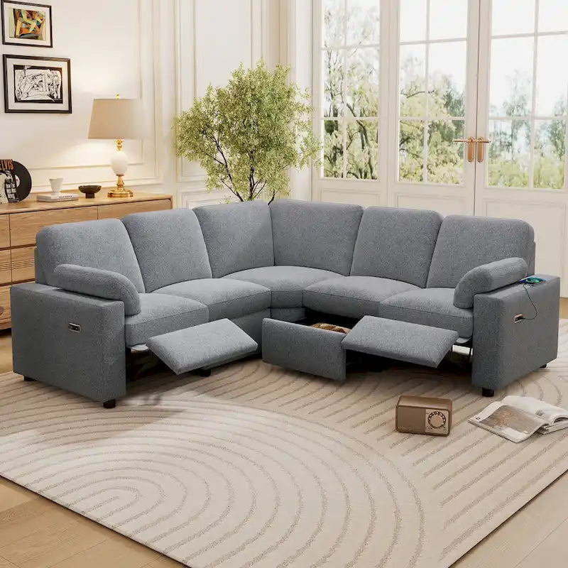 Canapé inclinable sectionnel 89 places avec home cinéma et deux ports USB, deux tiroirs de rangement pour le salon, beige