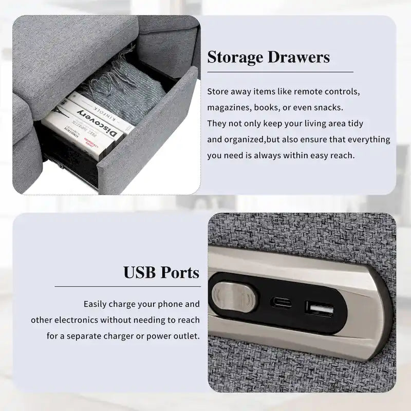 Canapé inclinable sectionnel 89 places avec home cinéma et deux ports USB, deux tiroirs de rangement pour le salon, beige
