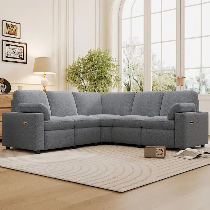 Canapé inclinable sectionnel 89 places avec home cinéma et deux ports USB, deux tiroirs de rangement pour le salon, beige