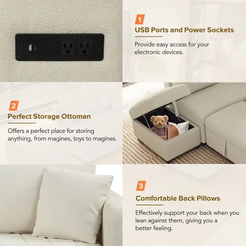 Canapé-lit d'angle en L avec deux ports USB et deux prises de courant