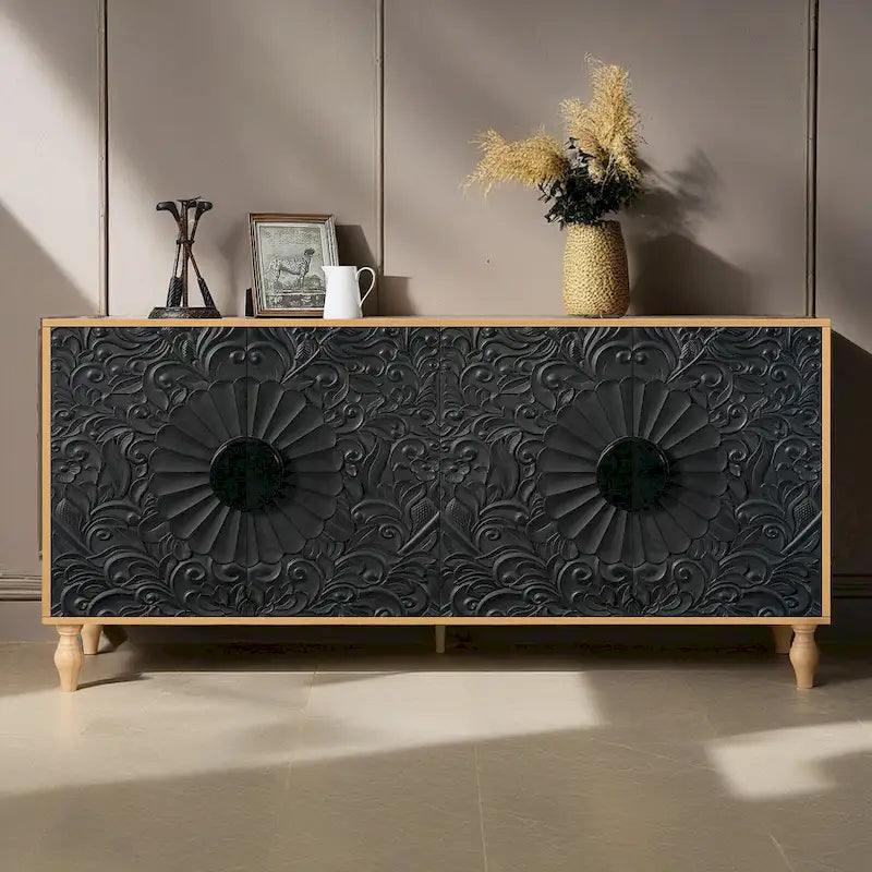 Grand buffet/bahut à tiroirs avec étagères et fleurs sculptées Lily par GDFStudio