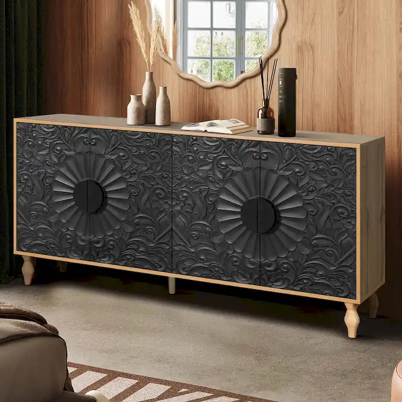 Grand buffet/bahut à tiroirs avec étagères et fleurs sculptées Lily par GDFStudio