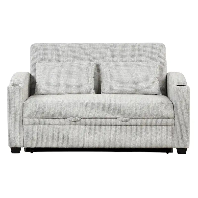 Canapé convertible 2 places en chenille avec dossier réglable, ports USB et porte-gobelets