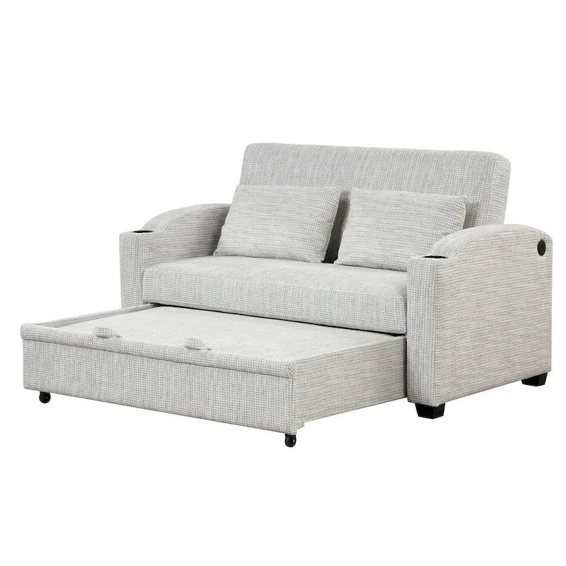 Canapé convertible 2 places en chenille avec dossier réglable, ports USB et porte-gobelets