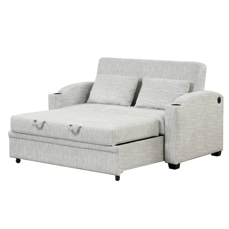 Canapé convertible 2 places en chenille avec dossier réglable, ports USB et porte-gobelets
