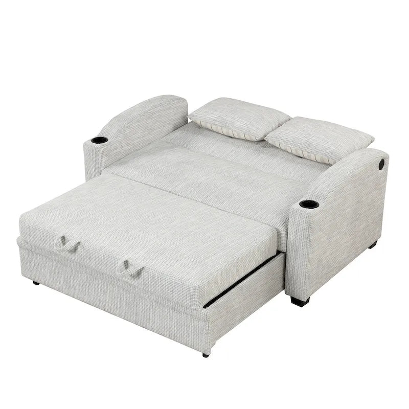 Canapé convertible 2 places en chenille avec dossier réglable, ports USB et porte-gobelets