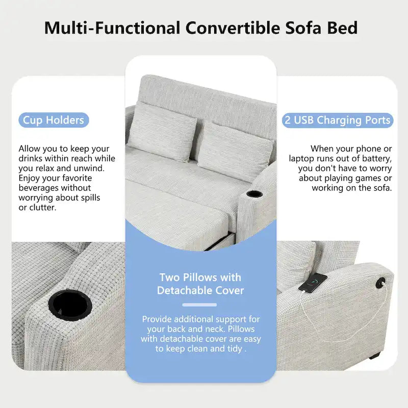 Canapé convertible 2 places en chenille avec dossier réglable, ports USB et porte-gobelets