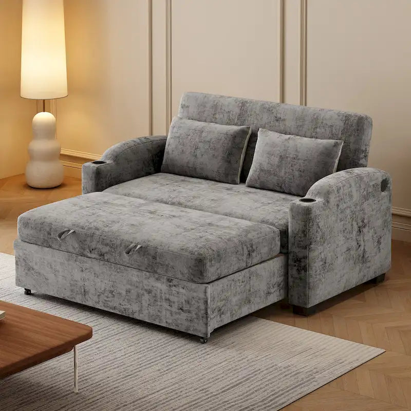 Canapé convertible 2 places en chenille avec dossier réglable, ports USB et porte-gobelets