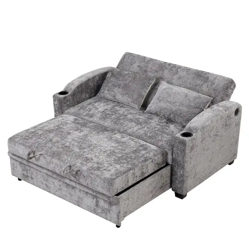 Canapé convertible 2 places en chenille avec dossier réglable, ports USB et porte-gobelets