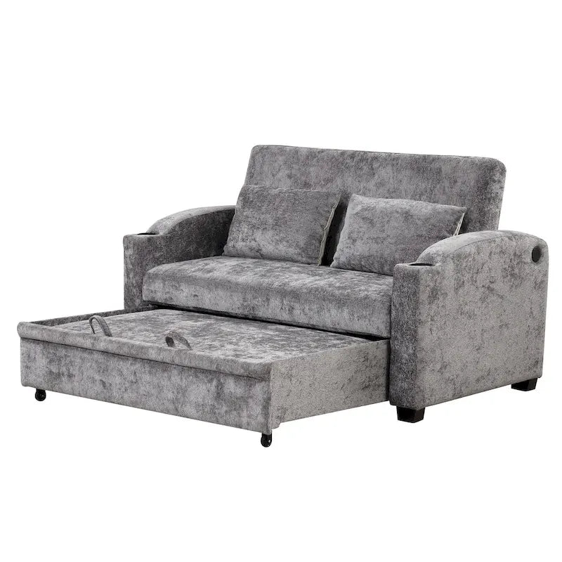 Canapé convertible 2 places en chenille avec dossier réglable, ports USB et porte-gobelets