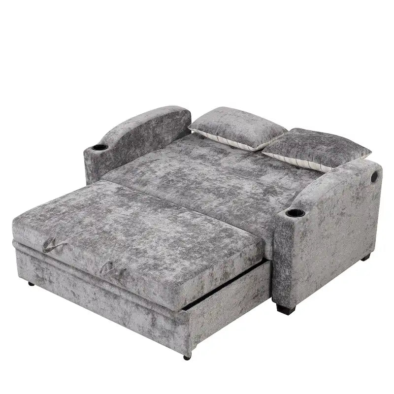 Canapé convertible 2 places en chenille avec dossier réglable, ports USB et porte-gobelets