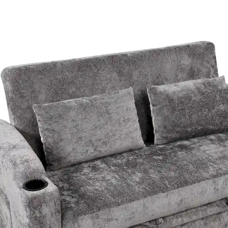 Canapé convertible 2 places en chenille avec dossier réglable, ports USB et porte-gobelets
