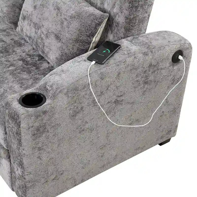 Canapé convertible 2 places en chenille avec dossier réglable, ports USB et porte-gobelets