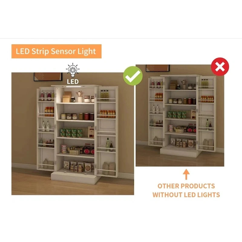 Armoire de cuisine indépendante avec 50 LED, buffet avec 2 portes et étagères, et 2 étagères réglables