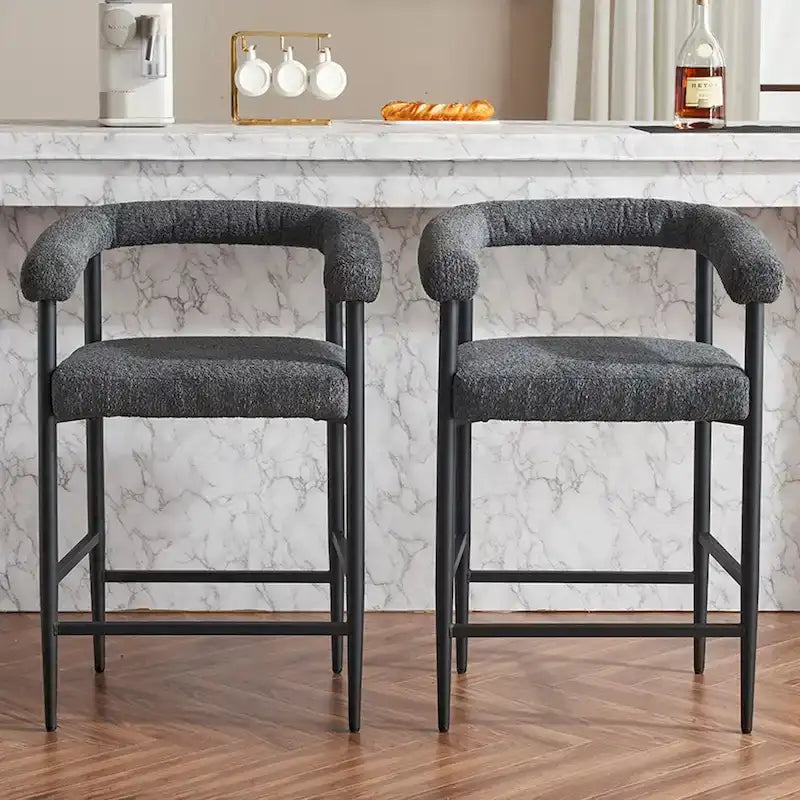 Tabourets de bar modernes en bouclette lot de 2, hauteur comptoir avec structure métallique et accoudoirs pour îlot de cuisine, salle à manger