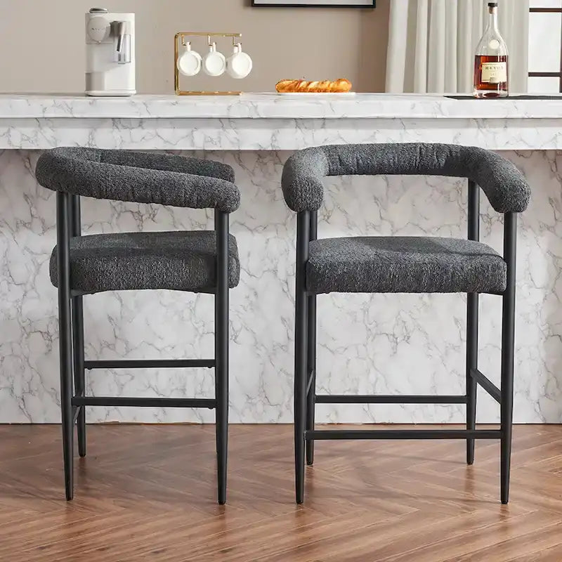 Tabourets de bar modernes en bouclette lot de 2, hauteur comptoir avec structure métallique et accoudoirs pour îlot de cuisine, salle à manger