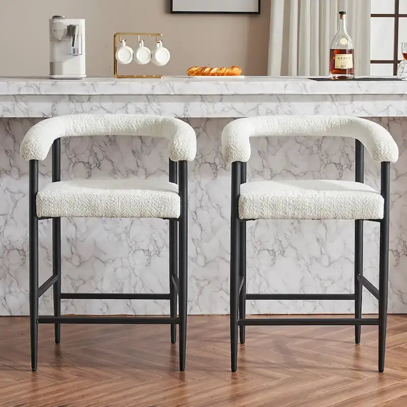 Tabourets de bar modernes en bouclette lot de 2, hauteur comptoir avec structure métallique et accoudoirs pour îlot de cuisine, salle à manger