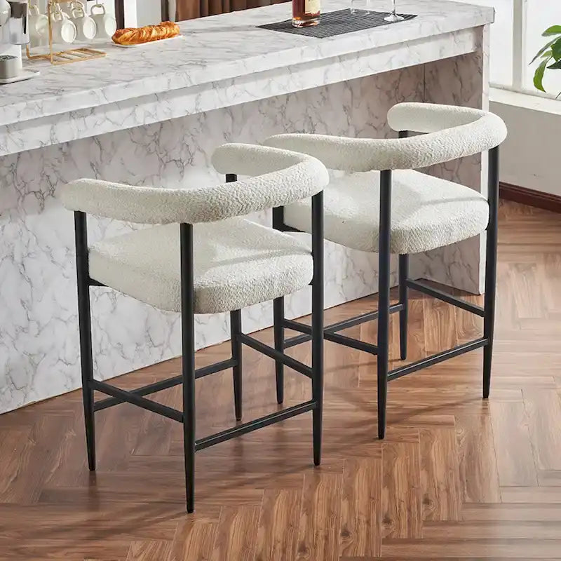 Tabourets de bar modernes en bouclette lot de 2, hauteur comptoir avec structure métallique et accoudoirs pour îlot de cuisine, salle à manger