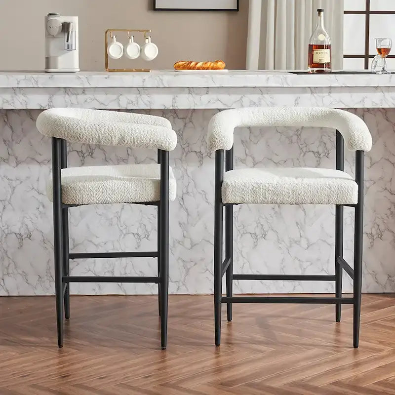 Tabourets de bar modernes en bouclette lot de 2, hauteur comptoir avec structure métallique et accoudoirs pour îlot de cuisine, salle à manger