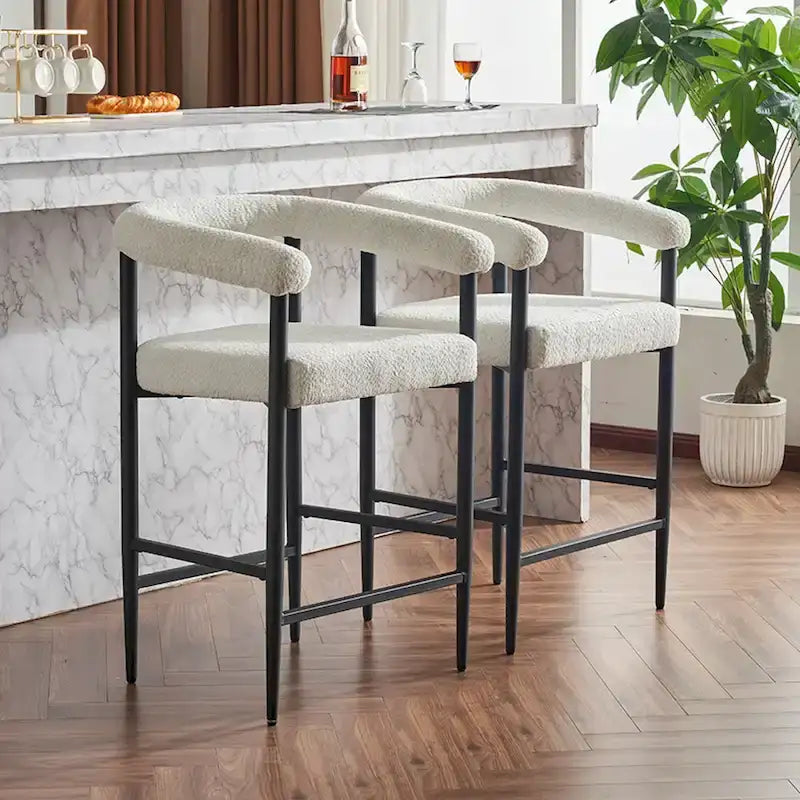 Tabourets de bar modernes en bouclette lot de 2, hauteur comptoir avec structure métallique et accoudoirs pour îlot de cuisine, salle à manger