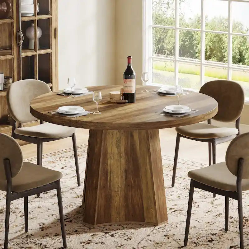 Table à manger ronde industrielle de 119 cm avec pied central pour 4 à 6 personnes