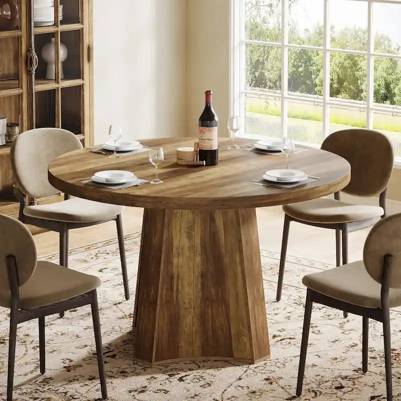 Table à manger ronde industrielle de 119 cm avec pied central pour 4 à 6 personnes