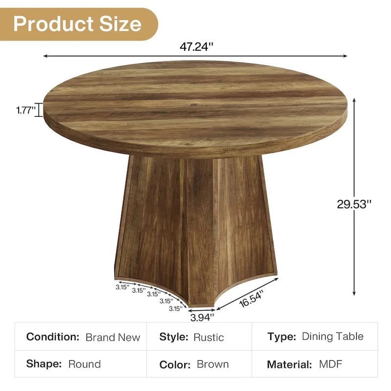 Table à manger ronde industrielle de 119 cm avec pied central pour 4 à 6 personnes
