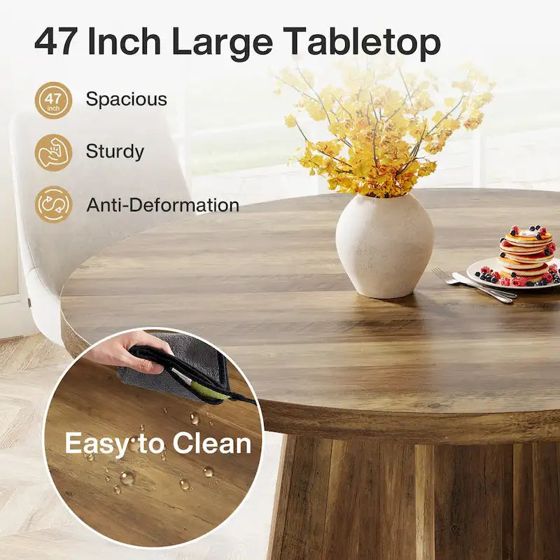 Table à manger ronde industrielle de 119 cm avec pied central pour 4 à 6 personnes