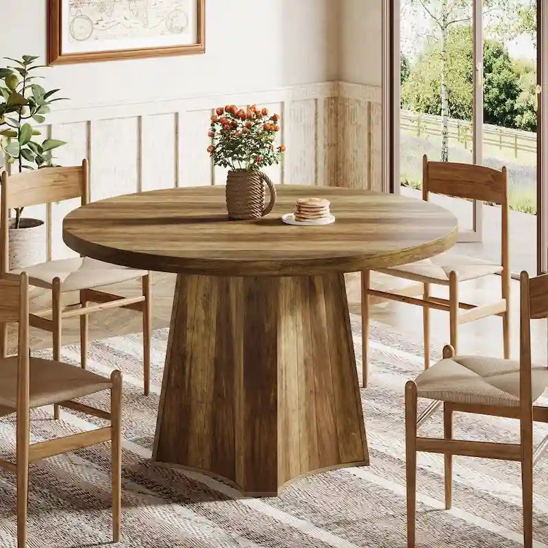 Table à manger ronde industrielle de 119 cm avec pied central pour 4 à 6 personnes