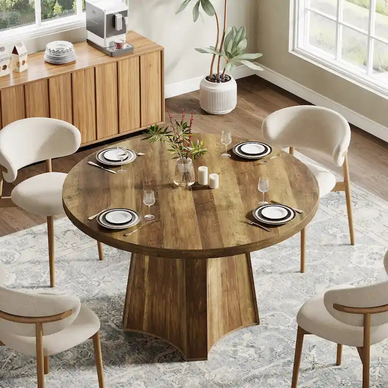 Table à manger ronde industrielle de 119 cm avec pied central pour 4 à 6 personnes