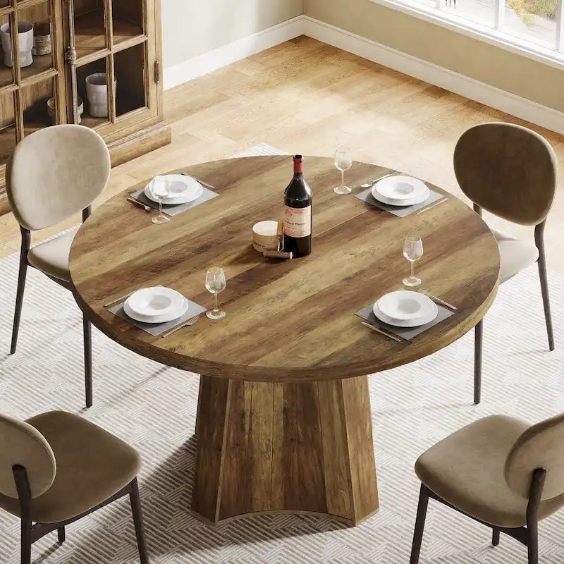 Table à manger ronde industrielle de 119 cm avec pied central pour 4 à 6 personnes