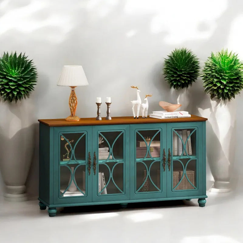 Élégant buffet antique européen à 4 portes avec verre trempé, étagères réglables, pieds en bois massif pour salon, salle à manger