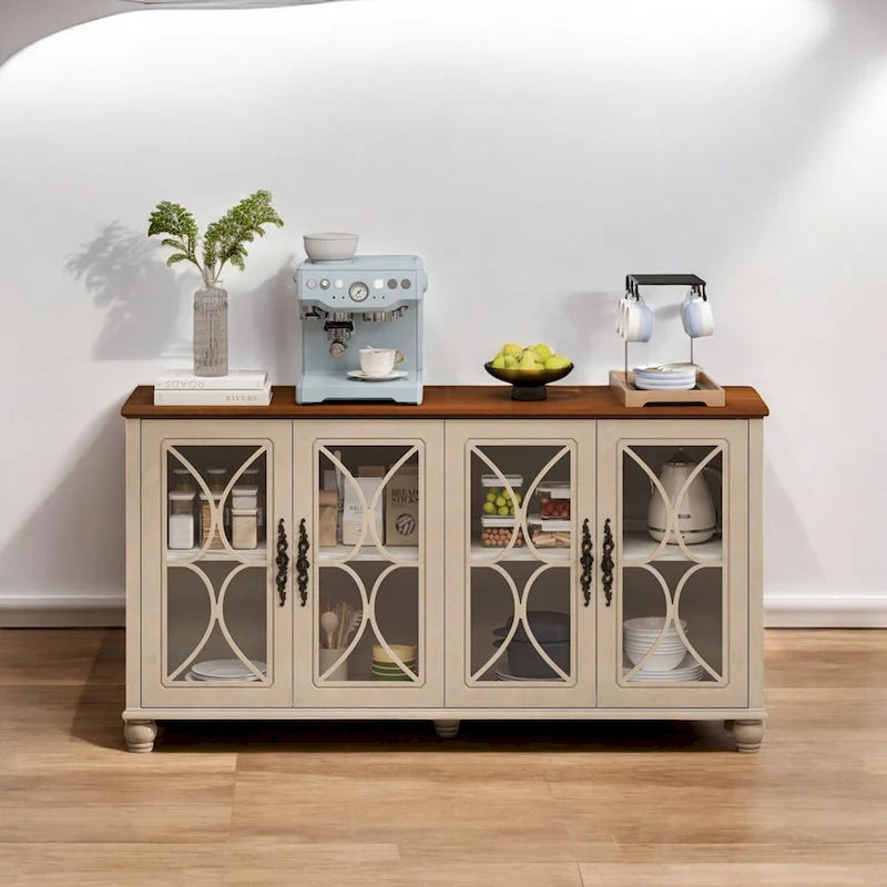 Élégant buffet antique européen à 4 portes avec verre trempé, étagères réglables, pieds en bois massif pour salon, salle à manger