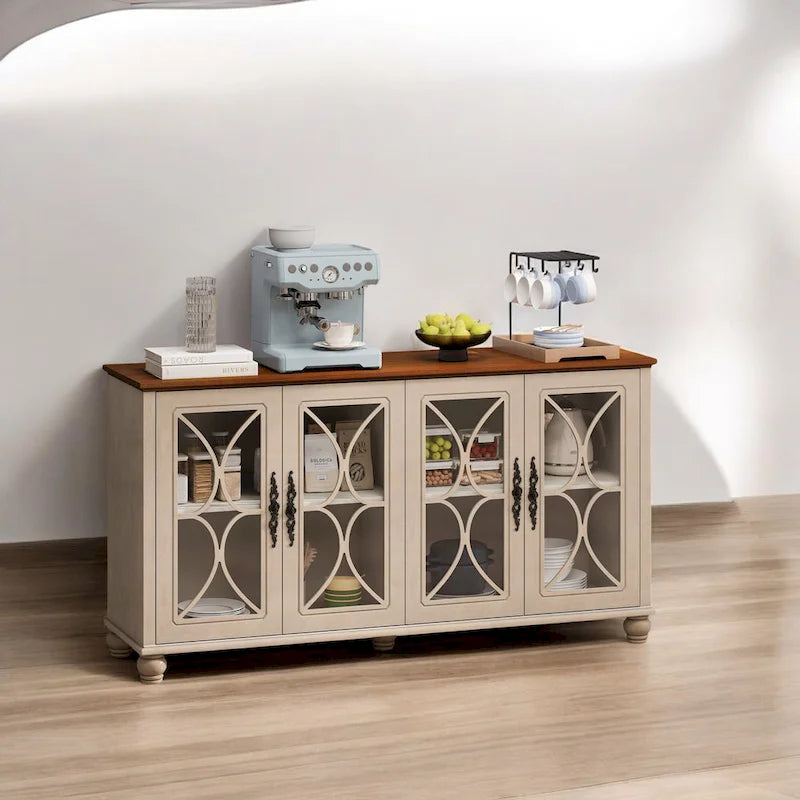 Élégant buffet antique européen à 4 portes avec verre trempé, étagères réglables, pieds en bois massif pour salon, salle à manger