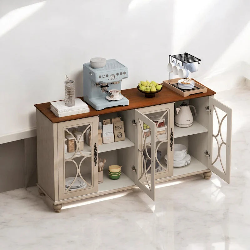 Élégant buffet antique européen à 4 portes avec verre trempé, étagères réglables, pieds en bois massif pour salon, salle à manger