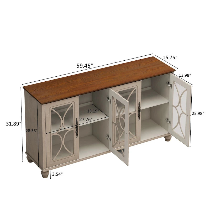 Élégant buffet antique européen à 4 portes avec verre trempé, étagères réglables, pieds en bois massif pour salon, salle à manger