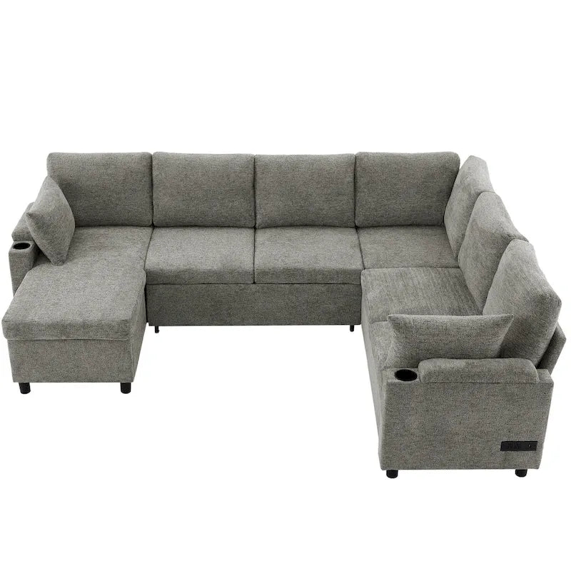 Canapé en U, Canapé Sectionnel en Chenille avec 2 Porte-Gobelets et Ports de Charge Canapé-Lit Inclinable pour Salon