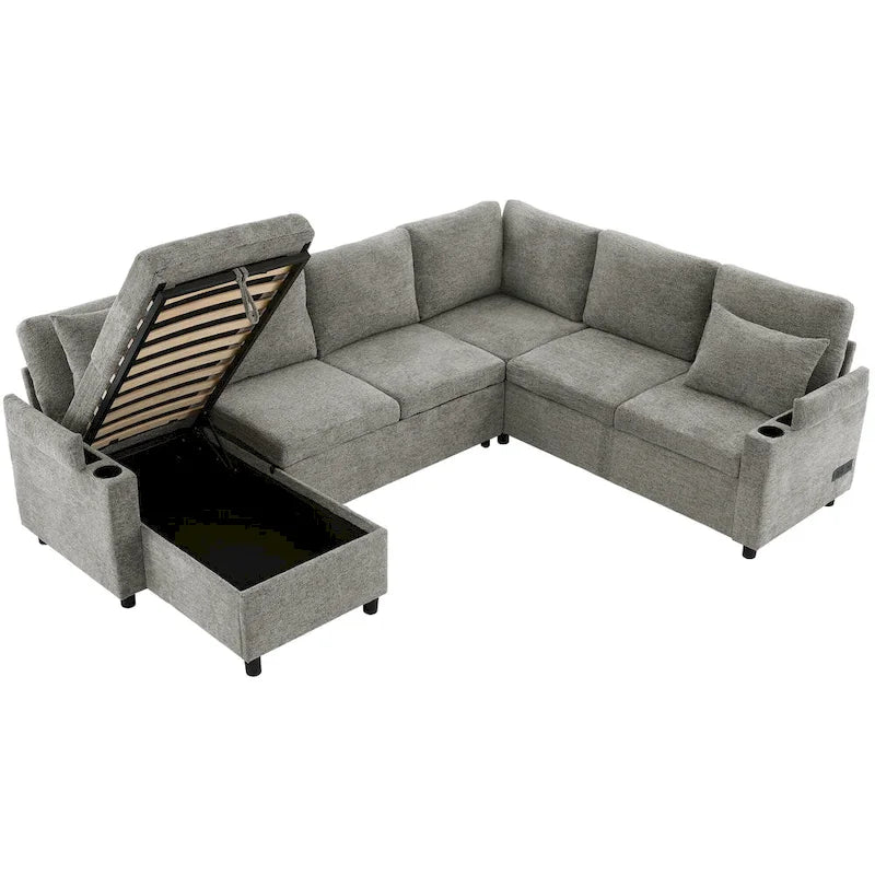 Canapé en U, Canapé Sectionnel en Chenille avec 2 Porte-Gobelets et Ports de Charge Canapé-Lit Inclinable pour Salon