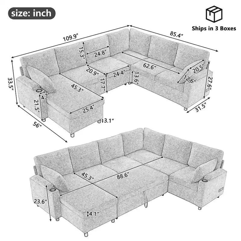 Canapé en U, Canapé Sectionnel en Chenille avec 2 Porte-Gobelets et Ports de Charge Canapé-Lit Inclinable pour Salon