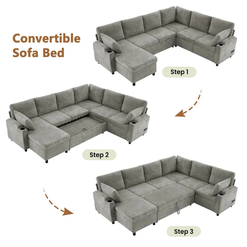 Canapé en U, Canapé Sectionnel en Chenille avec 2 Porte-Gobelets et Ports de Charge Canapé-Lit Inclinable pour Salon
