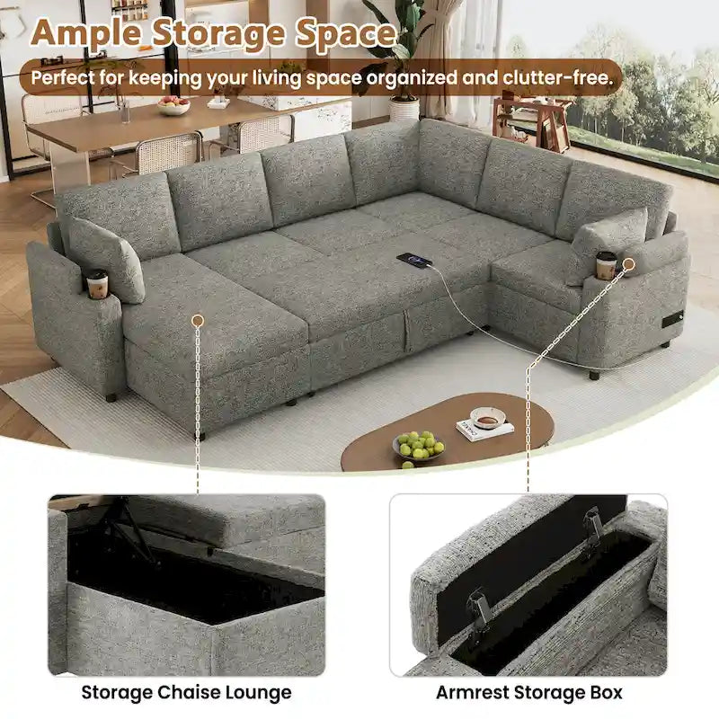 Canapé en U, Canapé Sectionnel en Chenille avec 2 Porte-Gobelets et Ports de Charge Canapé-Lit Inclinable pour Salon