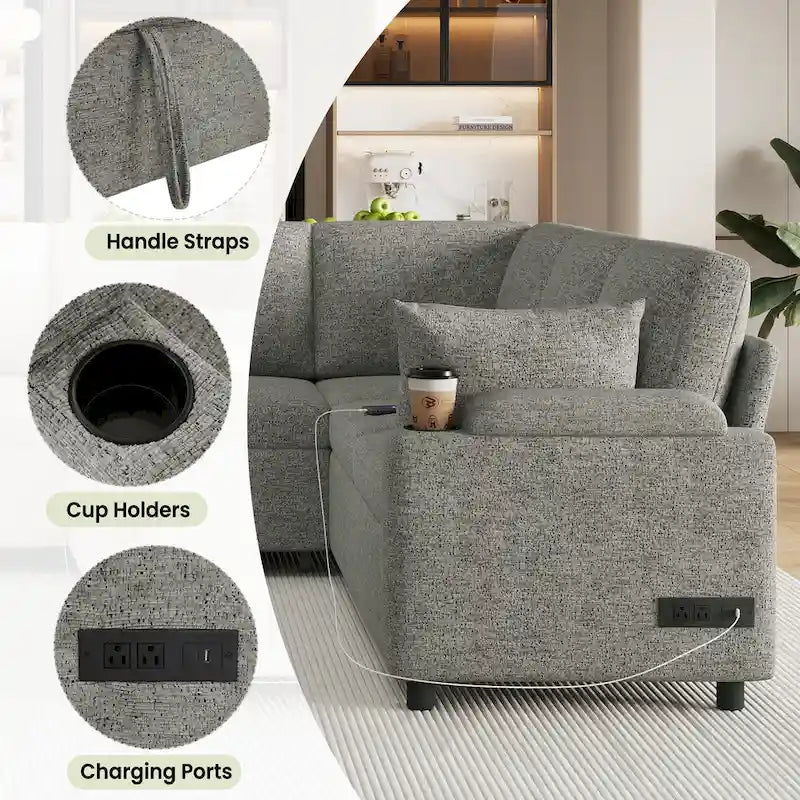 Canapé en U, Canapé Sectionnel en Chenille avec 2 Porte-Gobelets et Ports de Charge Canapé-Lit Inclinable pour Salon