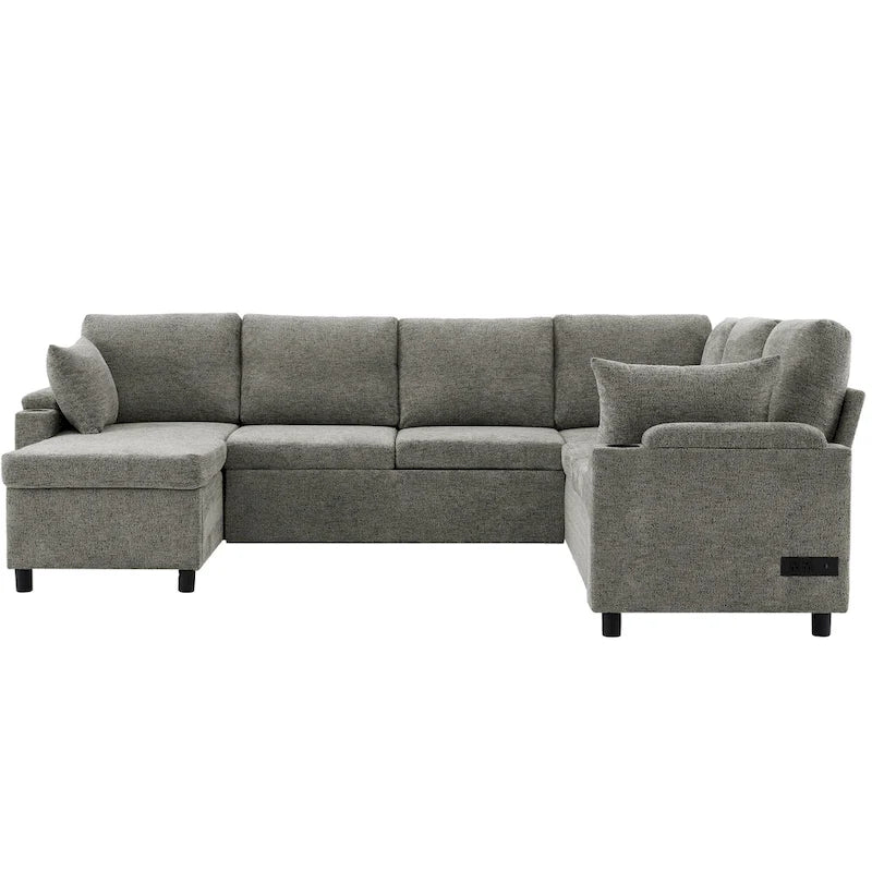 Canapé en U, Canapé Sectionnel en Chenille avec 2 Porte-Gobelets et Ports de Charge Canapé-Lit Inclinable pour Salon