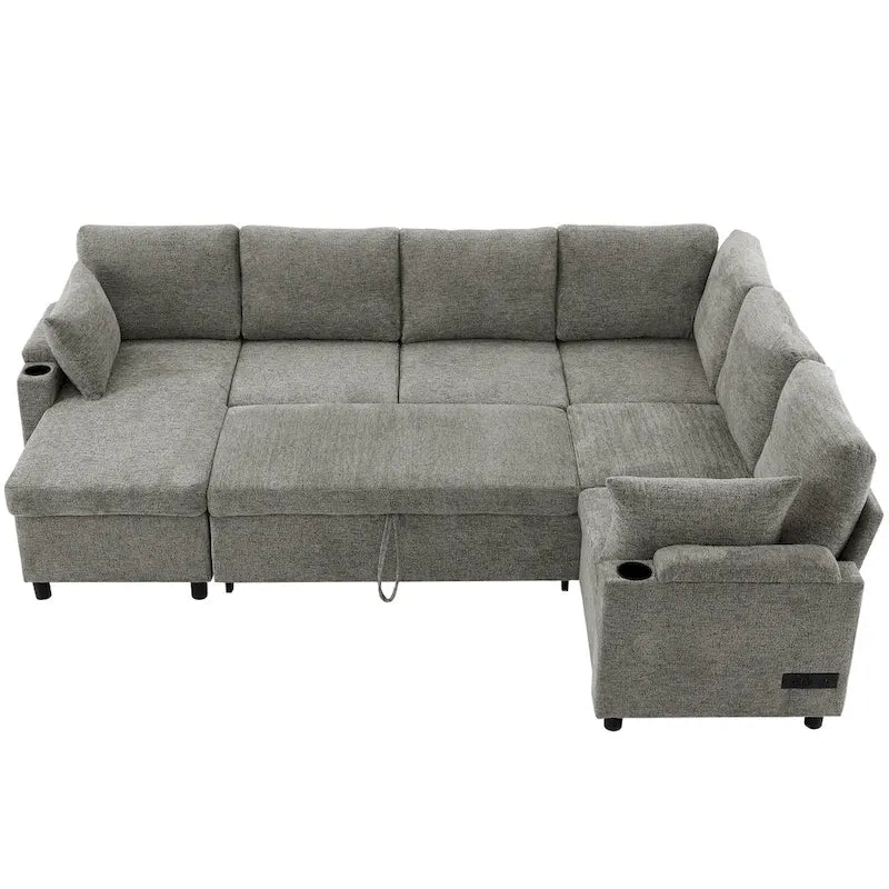 Canapé en U, Canapé Sectionnel en Chenille avec 2 Porte-Gobelets et Ports de Charge Canapé-Lit Inclinable pour Salon
