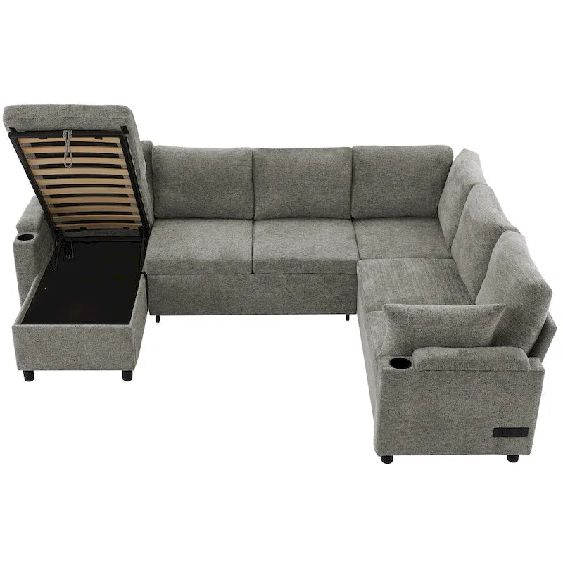 Canapé en U, Canapé Sectionnel en Chenille avec 2 Porte-Gobelets et Ports de Charge Canapé-Lit Inclinable pour Salon